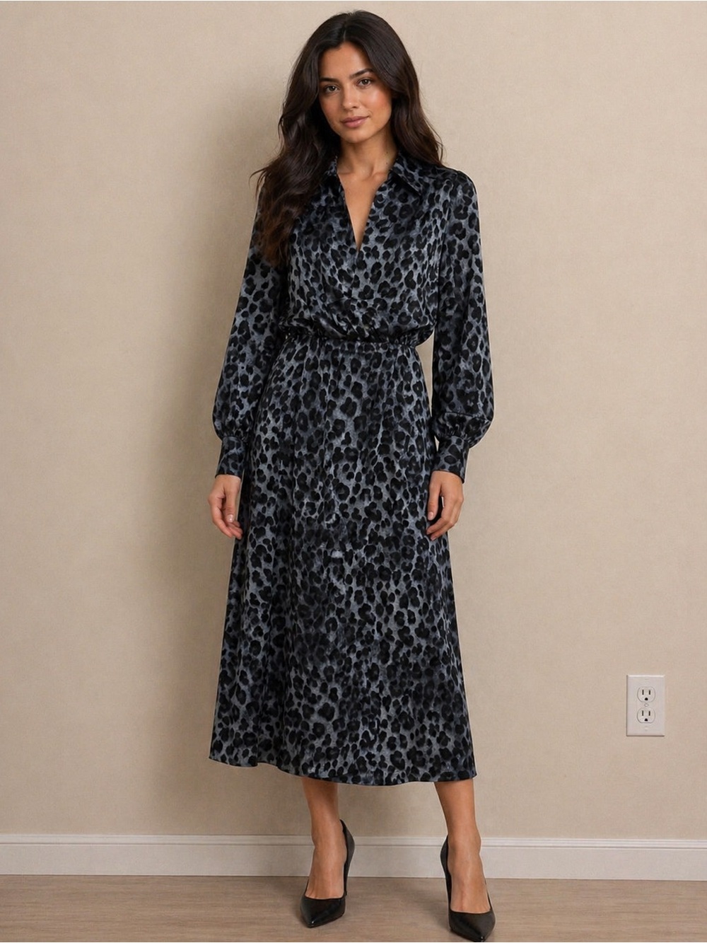 Umgee Blue and Black Leopard Print Midi Dress